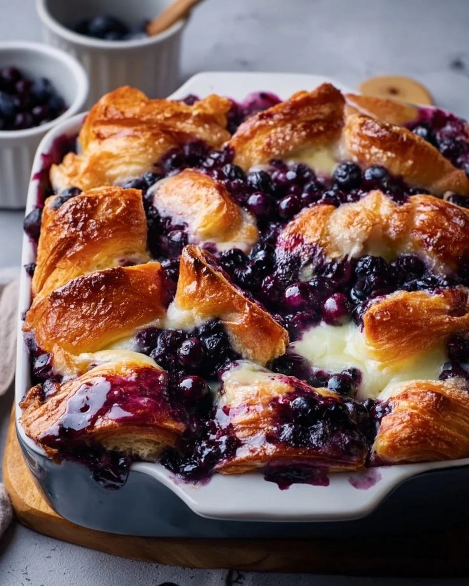 Blueberry Cream Cheese Croissant Casserole fresh out of the oven