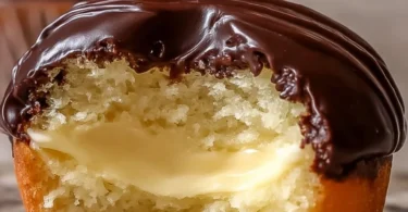 Boston Cream Pie Cupcakes topped with chocolate ganache and cream filling