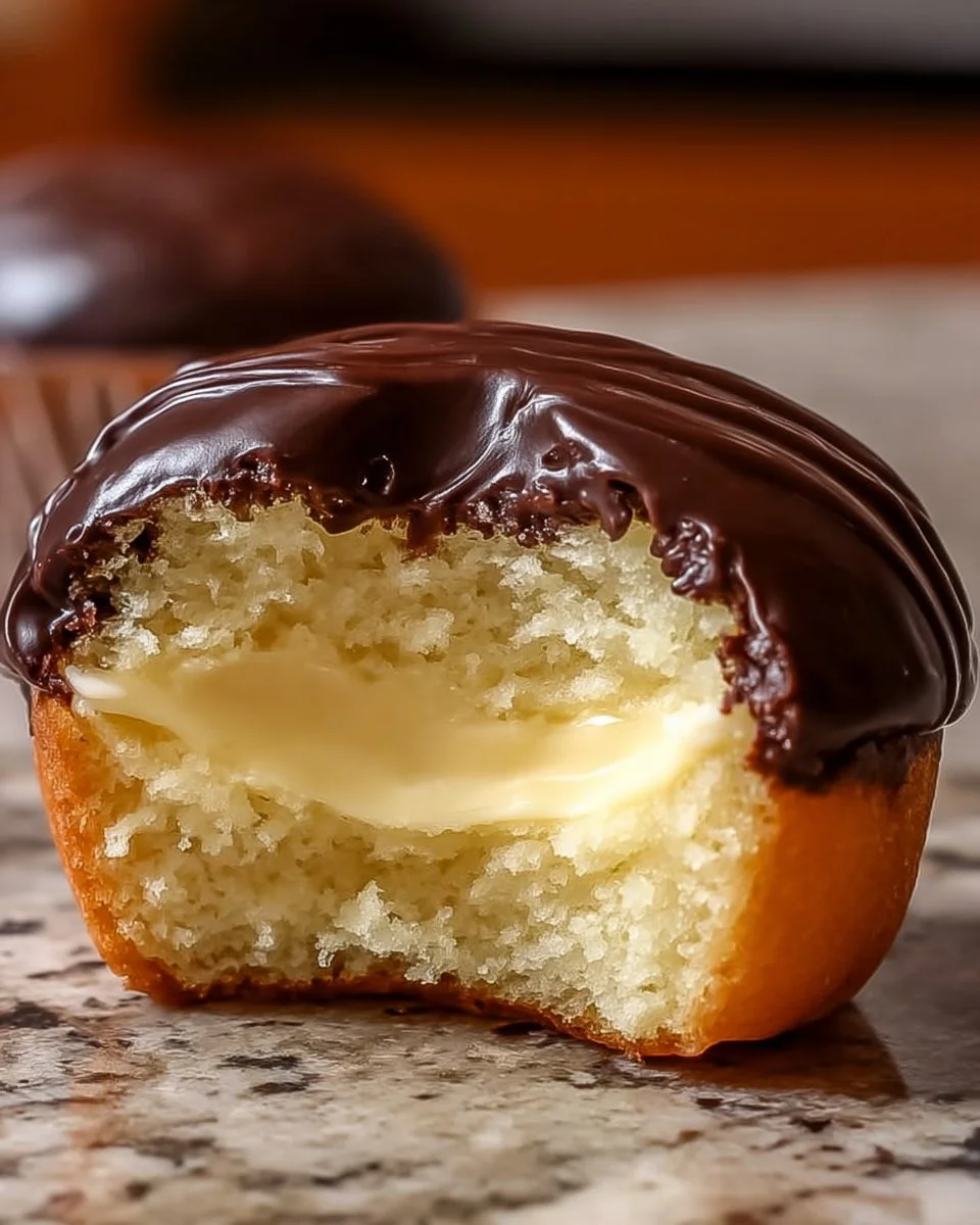 Boston Cream Pie Cupcakes topped with chocolate ganache and cream filling