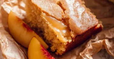 Brown Sugar Peach Cake topped with fresh peach slices and brown sugar crumble.