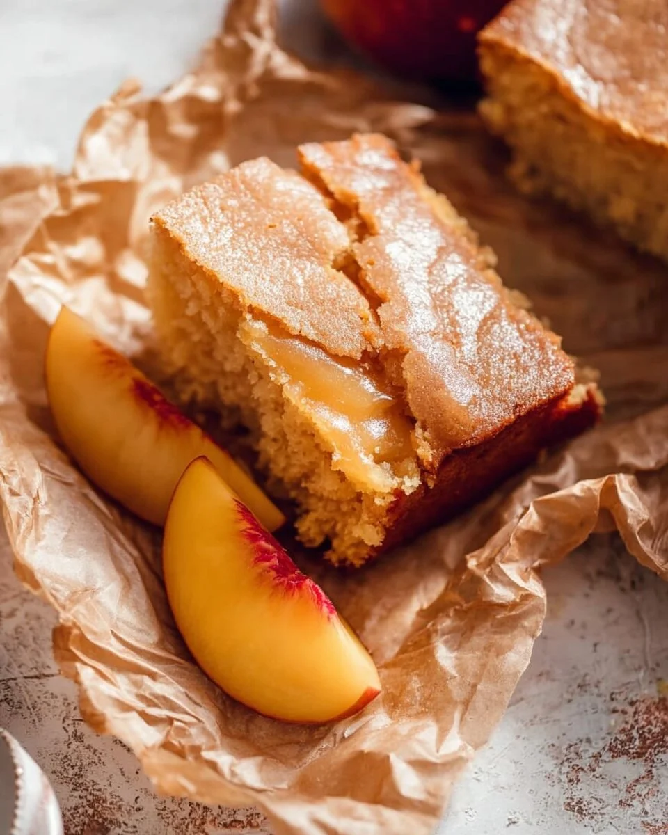 Brown Sugar Peach Cake topped with fresh peach slices and brown sugar crumble.