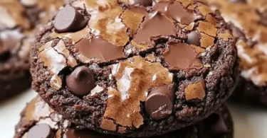 Baked brownie mix cookies stacked on a plate, showcasing their fudgy texture.