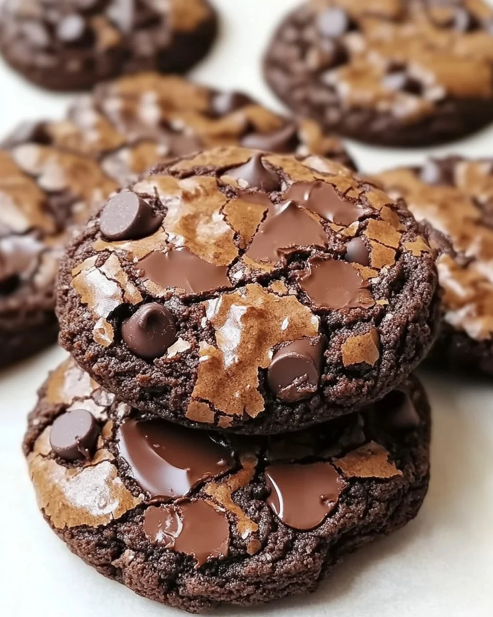 Baked brownie mix cookies stacked on a plate, showcasing their fudgy texture.