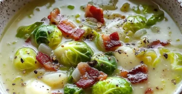 Bowl of Brussels Sprout Soup with crispy bacon topping