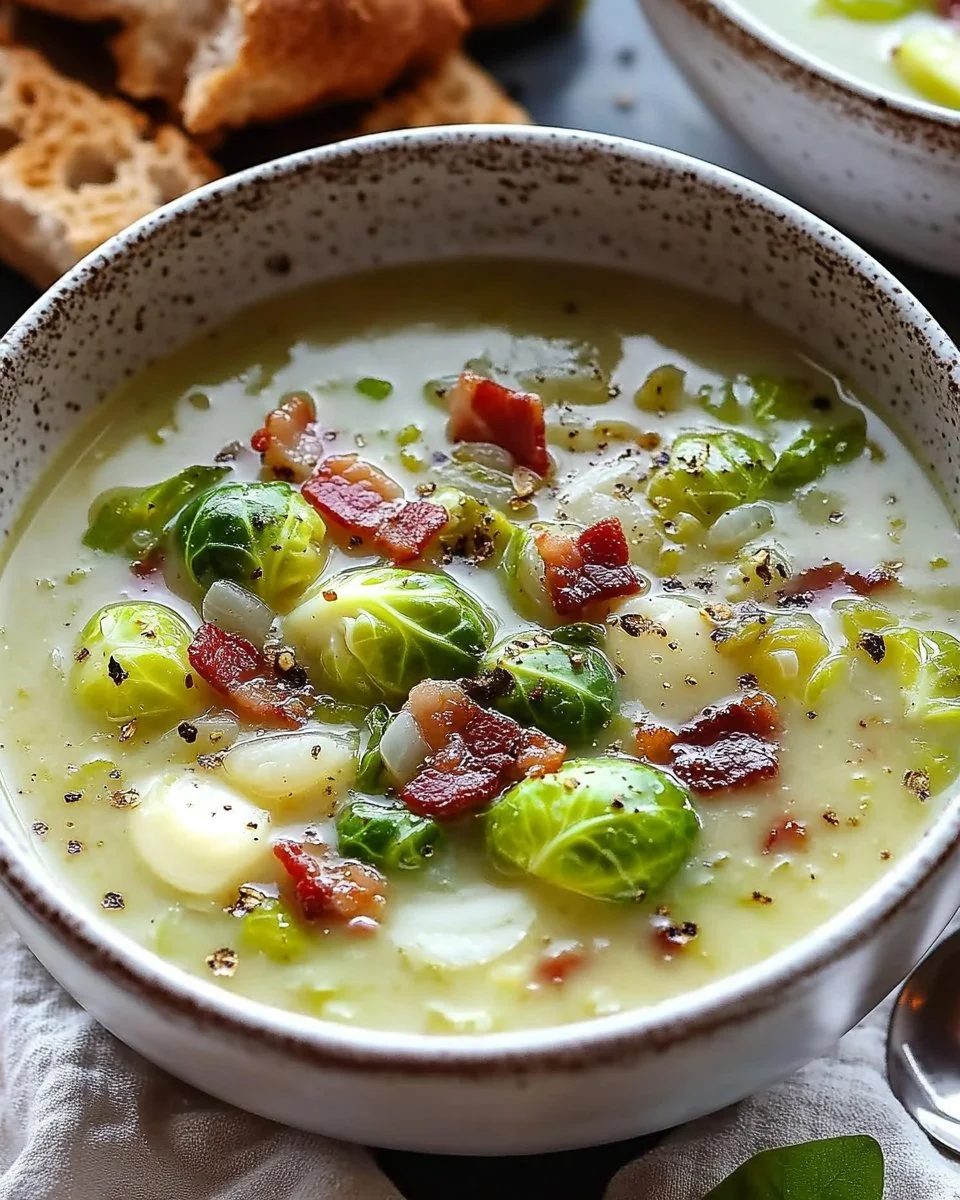 Bowl of Brussels Sprout Soup with crispy bacon topping