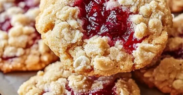 Plate of buttery raspberry crumble cookies fresh out of the oven