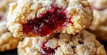 Buttery raspberry crumble cookies on a white plate sprinkled with powdered sugar.