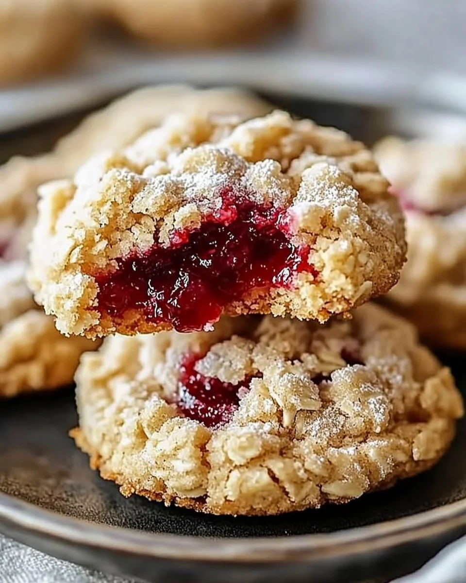 Buttery raspberry crumble cookies on a white plate sprinkled with powdered sugar.