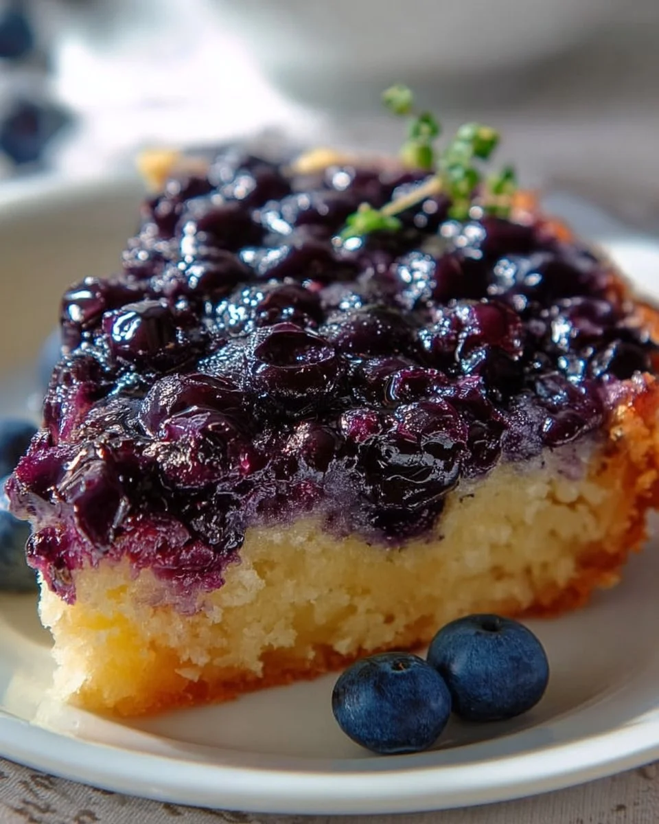 Caramelized Blueberry Upside Down Cake recipe and slice
