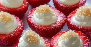 Cheesecake deviled strawberries topped with creamy filling on a plate