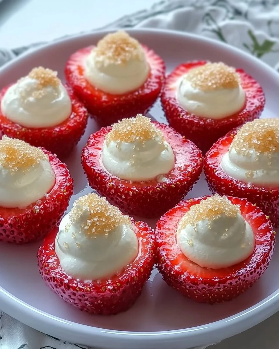Cheesecake deviled strawberries topped with creamy filling on a plate