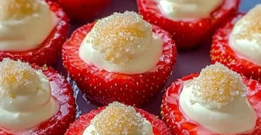 Cheesecake deviled strawberries topped with whipped cream and berries
