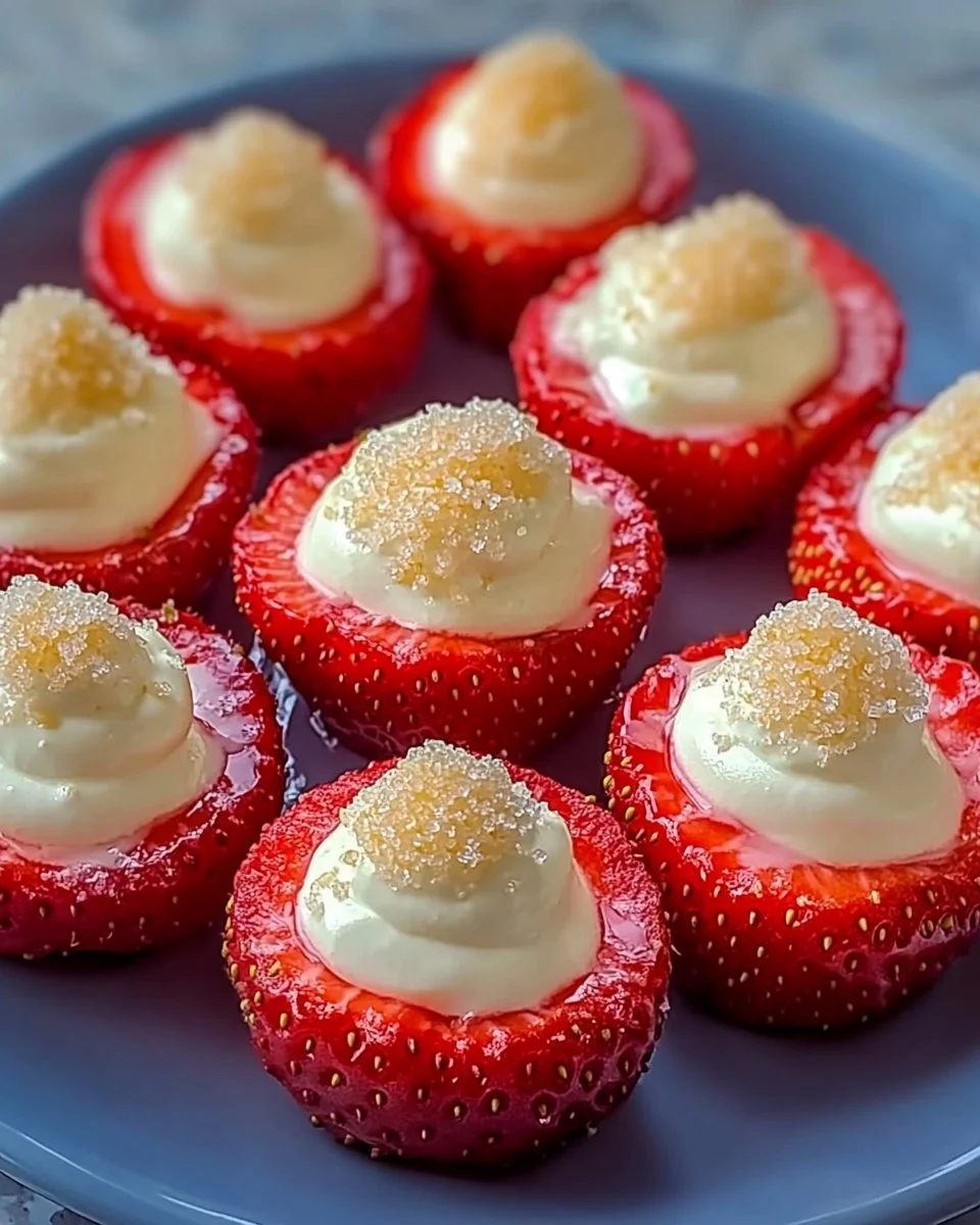 Cheesecake deviled strawberries topped with whipped cream and berries