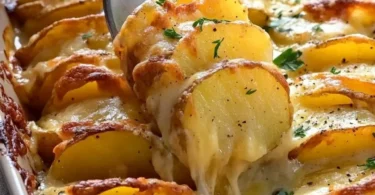 Cheesy easy scalloped potatoes baked until golden and creamy.