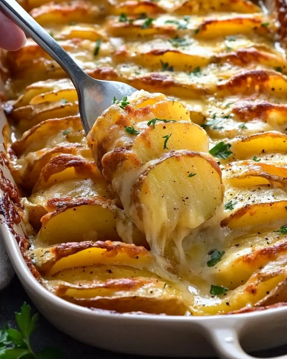 Cheesy easy scalloped potatoes baked until golden and creamy.