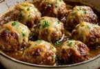 Cheesy French onion meatballs served with melted cheese and caramelized onions