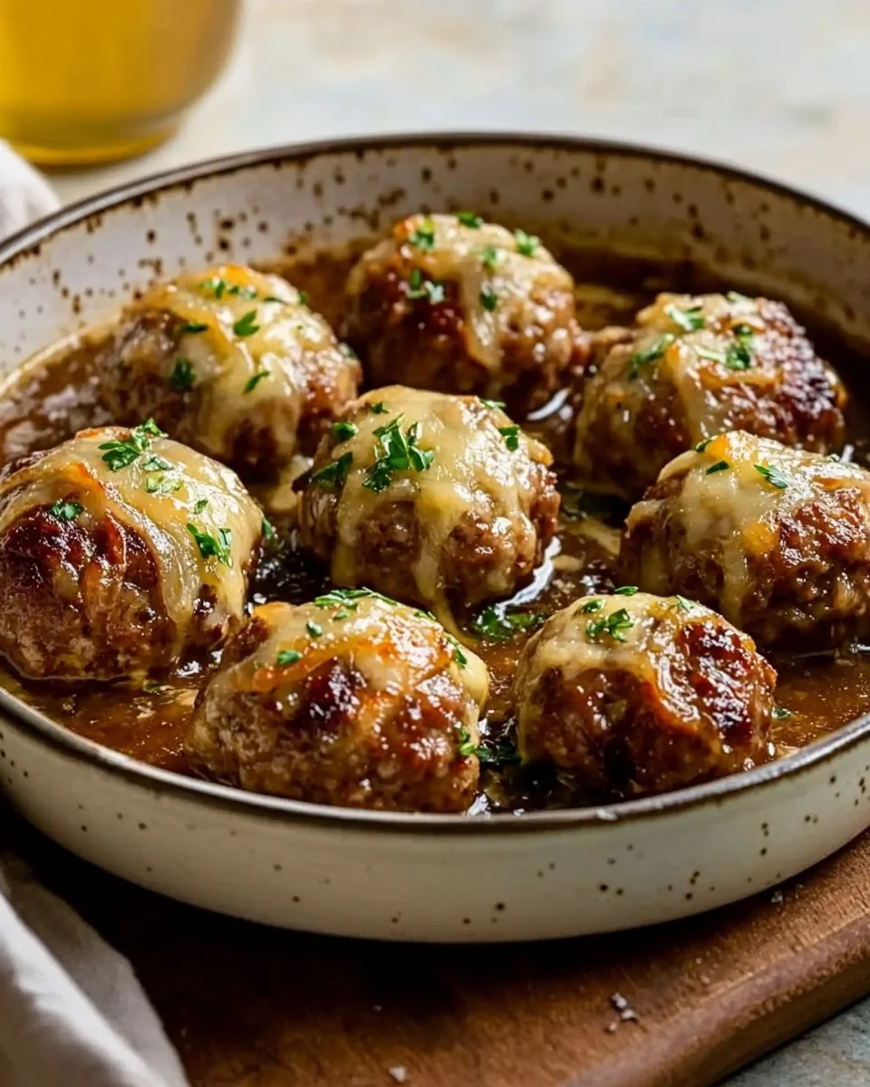 Cheesy French onion meatballs served with melted cheese and caramelized onions