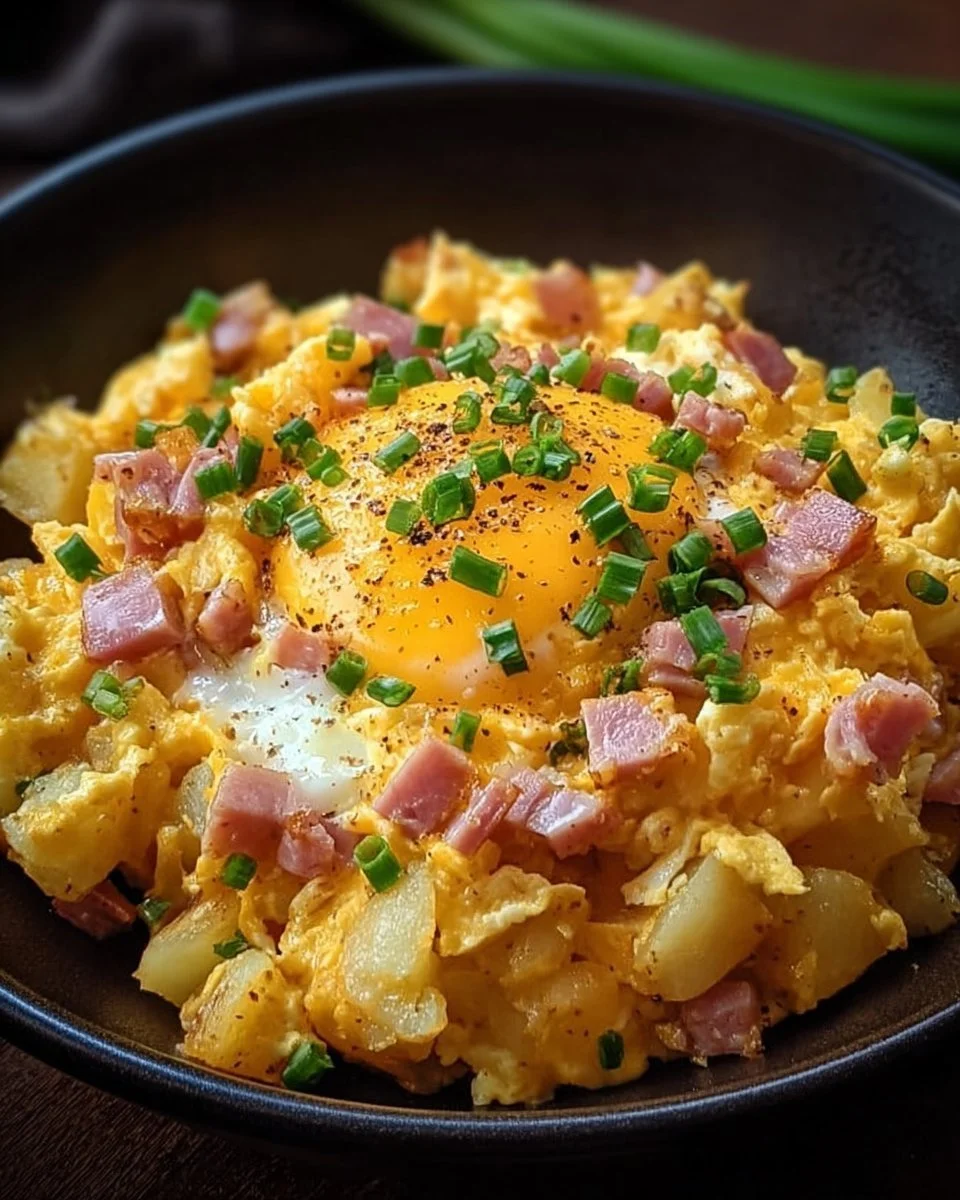 Cheesy potato egg scramble served in a bowl with fresh herbs