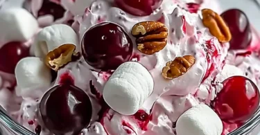 Delicious Cherry Cheesecake Fluff dessert in a bowl.
