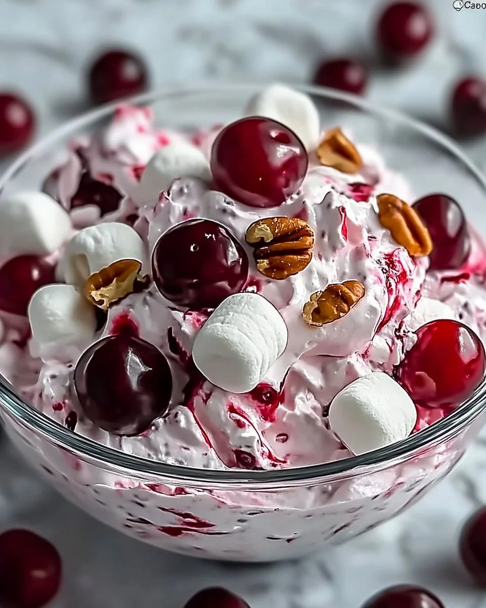 Delicious Cherry Cheesecake Fluff dessert in a bowl.