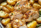 Chicken Potato Bake with tender chicken pieces and golden roasted potatoes