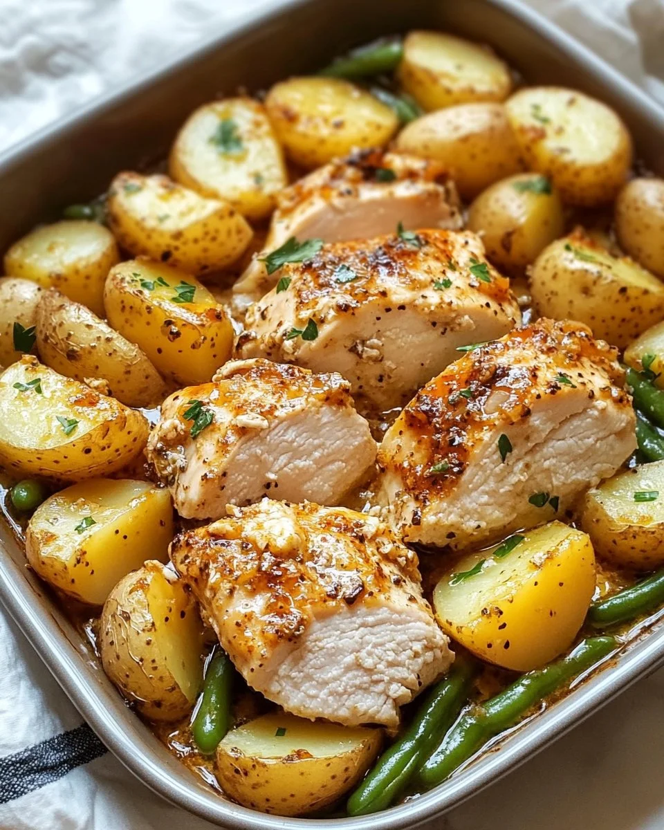 Chicken Potato Bake with tender chicken pieces and golden roasted potatoes