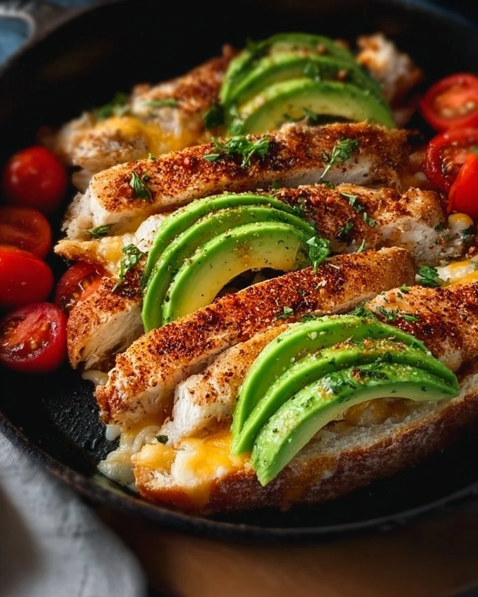 Delicious Chicken Avocado Melt Sandwich with chicken, avocado, and melted cheese