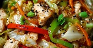 Delicious Chicken Cabbage Stir-Fry cooked with fresh vegetables and herbs