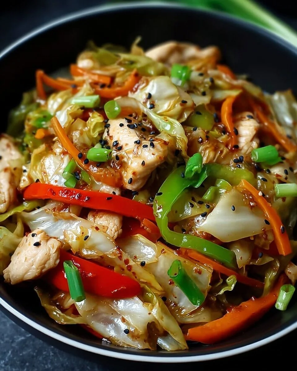 Delicious Chicken Cabbage Stir-Fry cooked with fresh vegetables and herbs