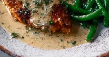 Plate of Chicken Schnitzel topped with creamy sauce and garnished with herbs