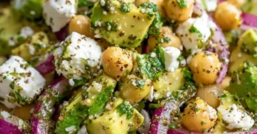 Chickpea Feta Avocado Salad served in a bowl with fresh ingredients