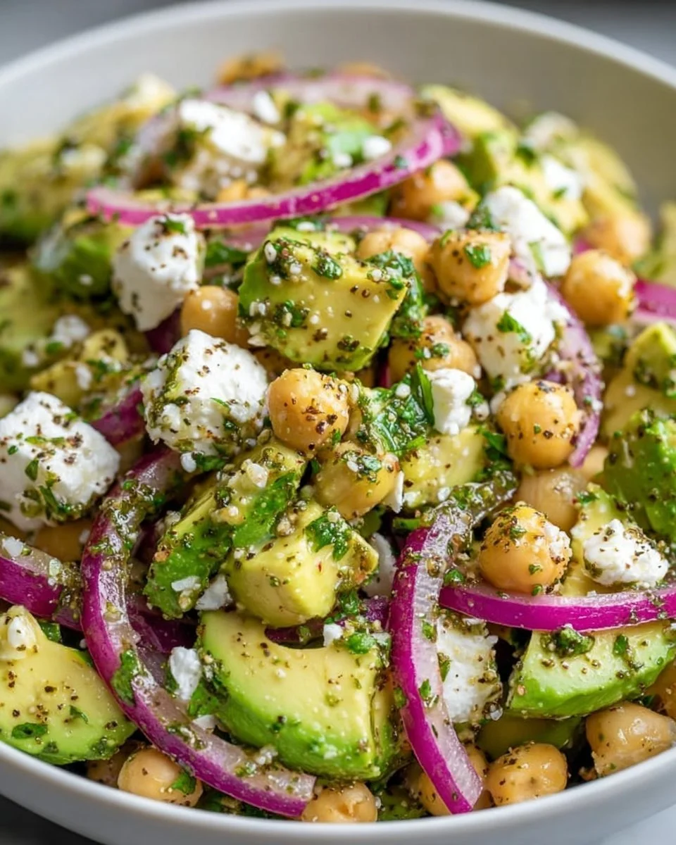 Chickpea Feta Avocado Salad served in a bowl with fresh ingredients