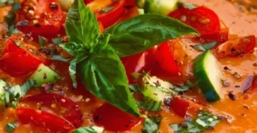 Bowl of chilled gazpacho garnished with fresh herbs and vegetables