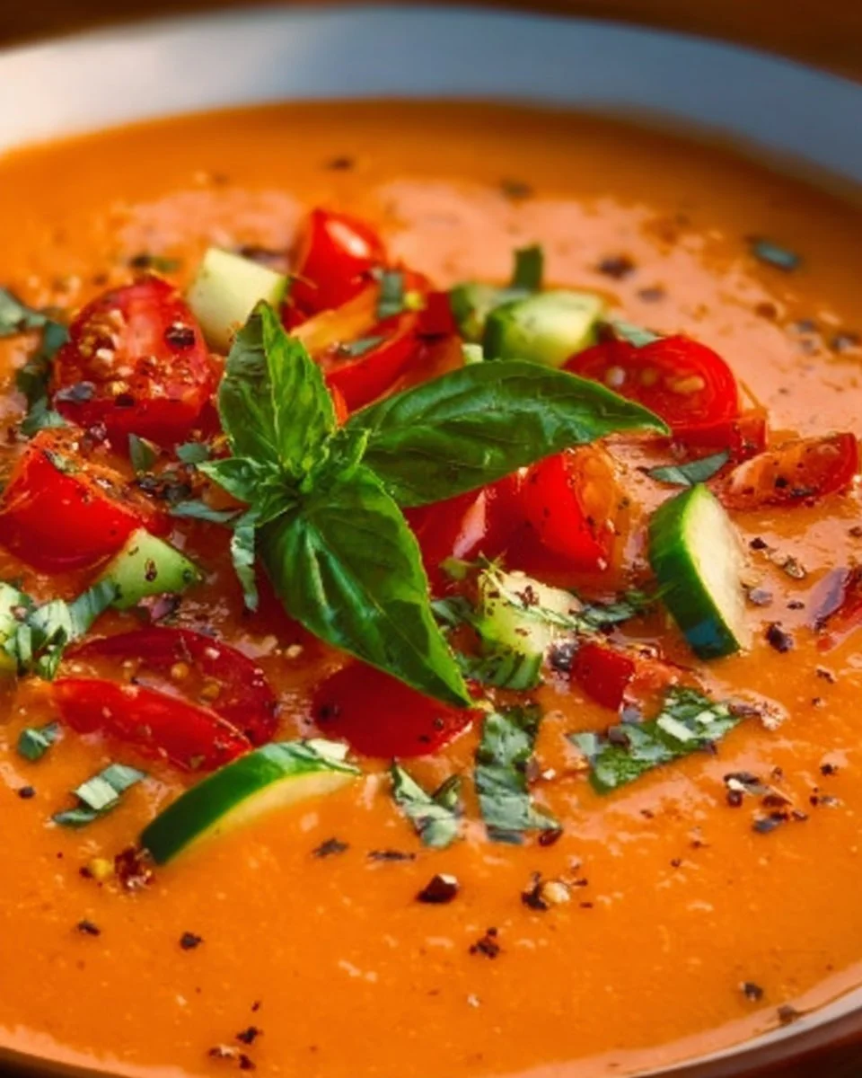 Bowl of chilled gazpacho garnished with fresh herbs and vegetables