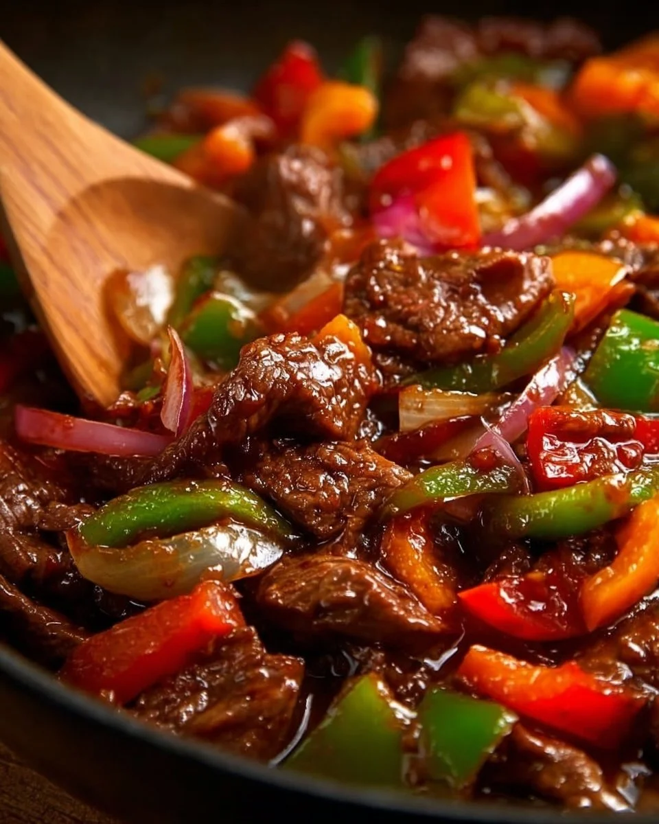 Delicious Chinese pepper steak with colorful peppers and tender beef