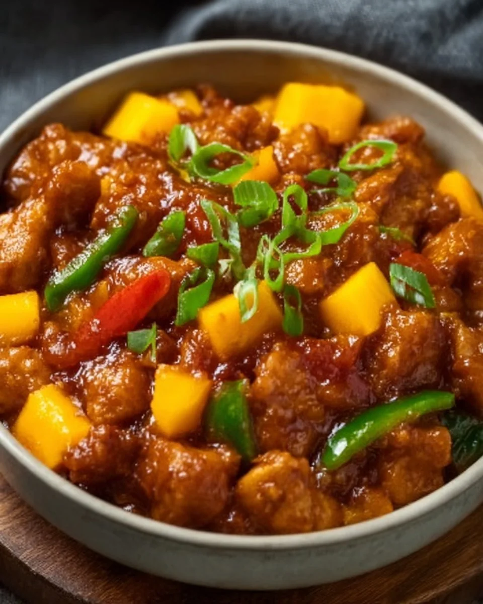 Chinese style mango chicken stir fry with colorful vegetables and tender chicken
