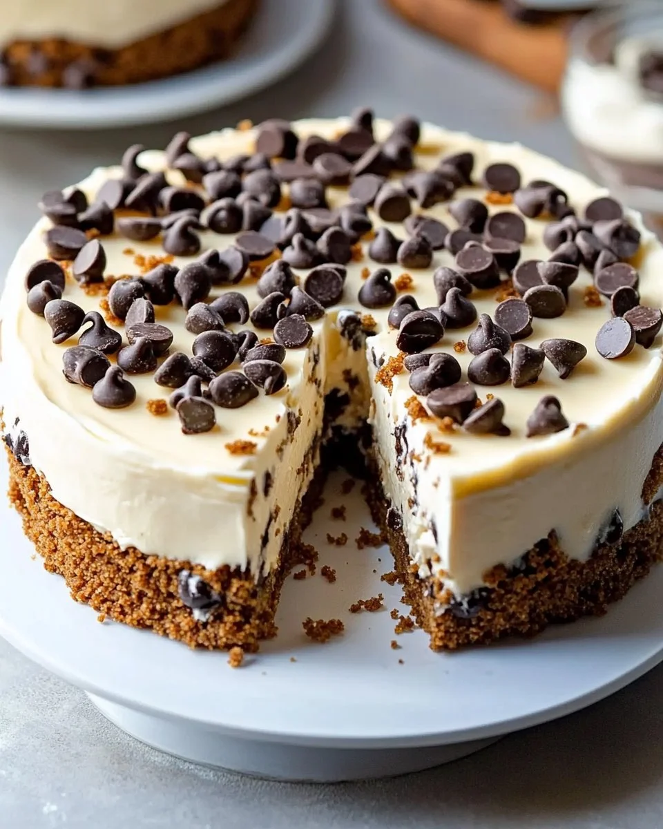 Delicious chocolate chip cookie dough cheesecake with creamy layers and cookie dough toppings.