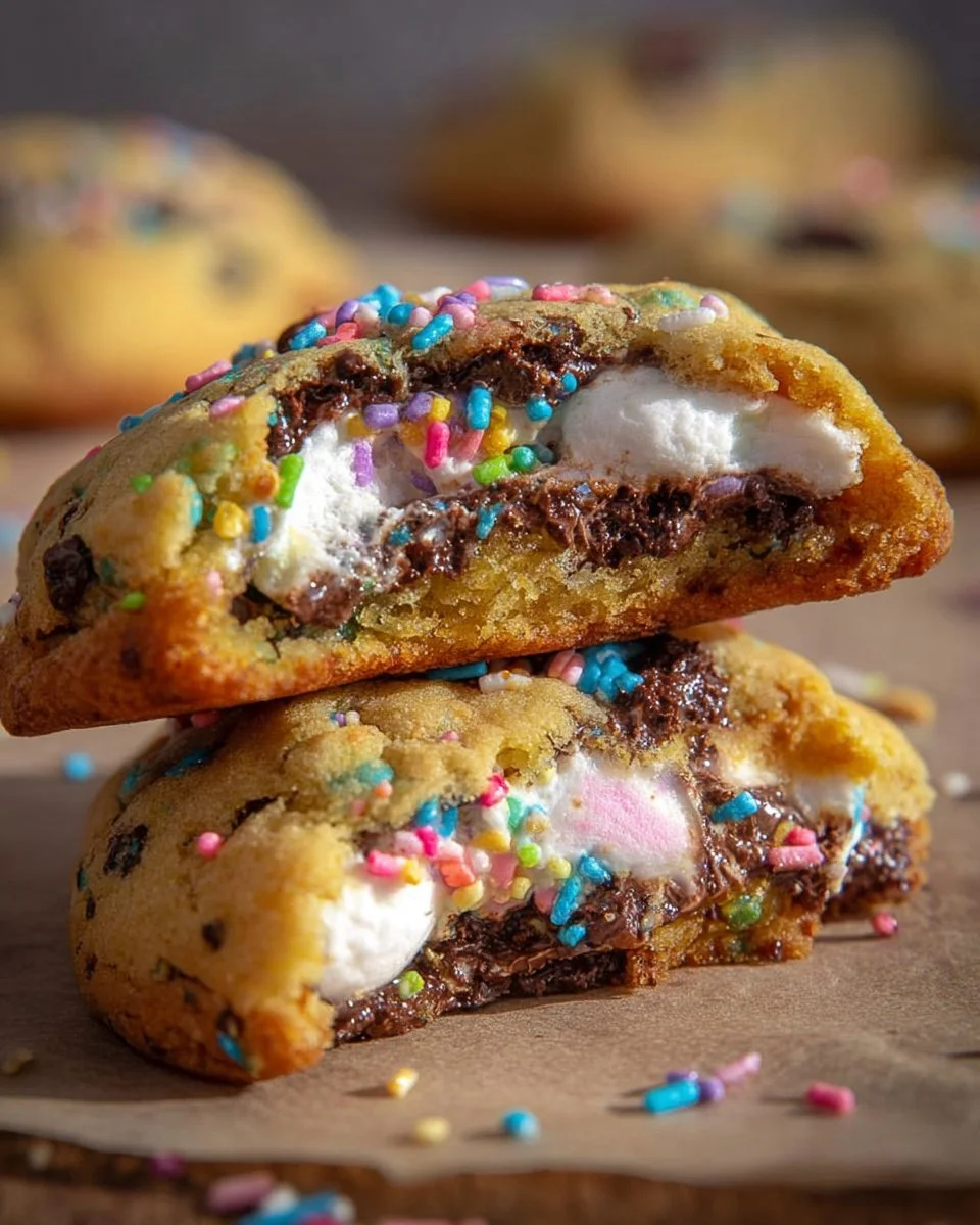 Chocolate Chip Peep Stuffed Cookies with marshmallow filling.