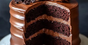 Chocolate Espresso Layer Cake topped with rich whipped ganache