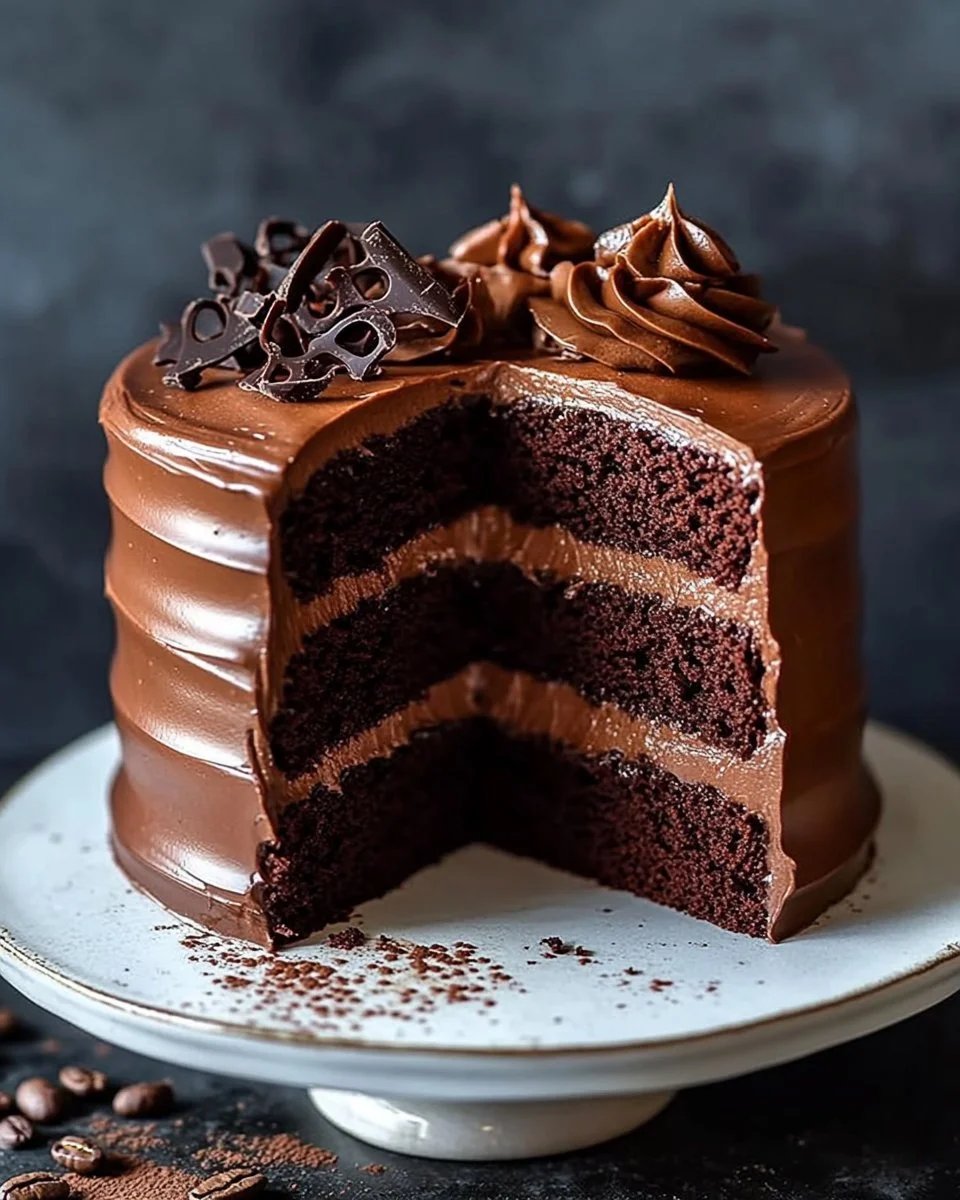 Chocolate Espresso Layer Cake topped with rich whipped ganache