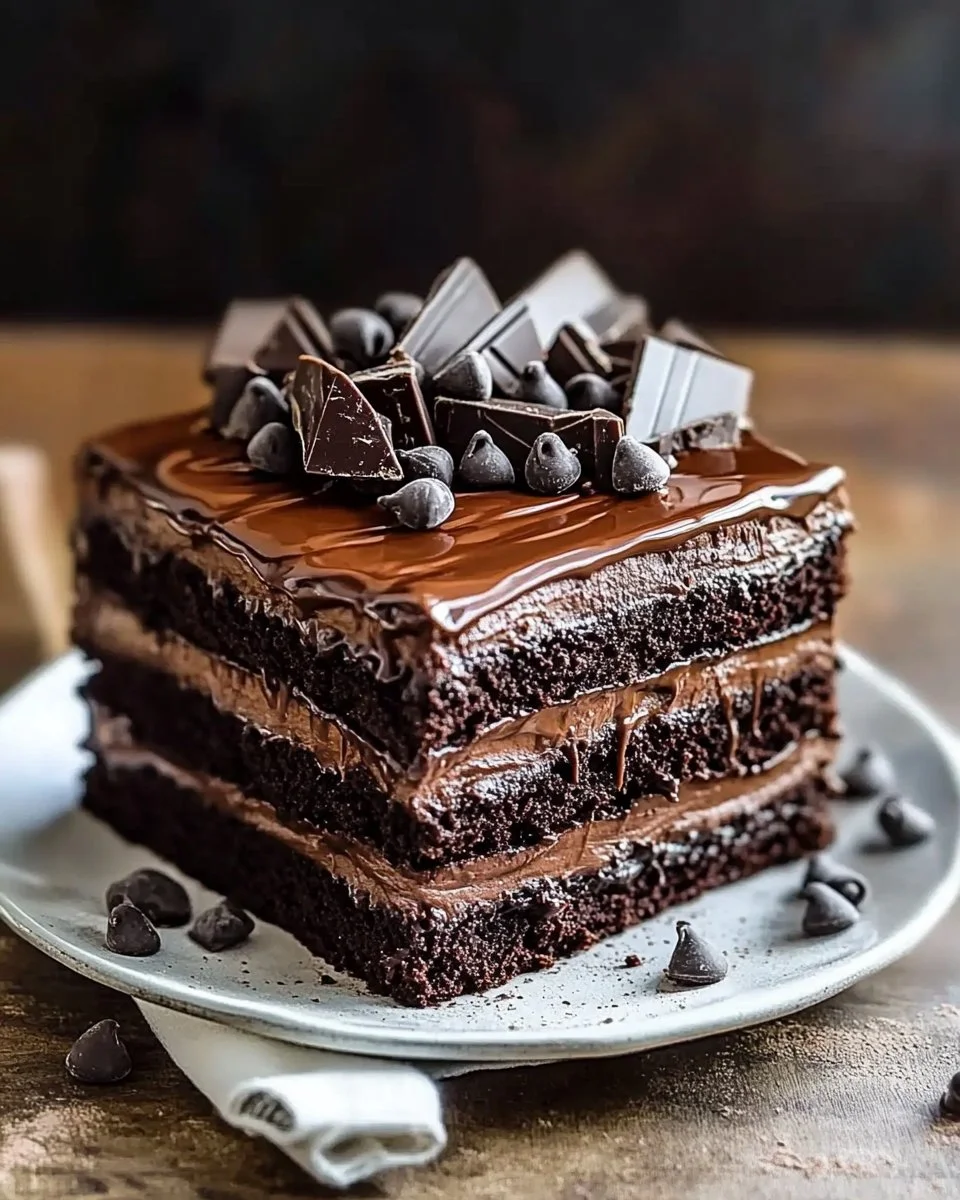 Delicious Chocolate Fudge Layered Cake topped with chocolate ganache and sprinkles