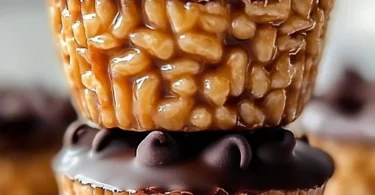 Chocolate peanut butter Rice Krispie cups stacked on a plate.