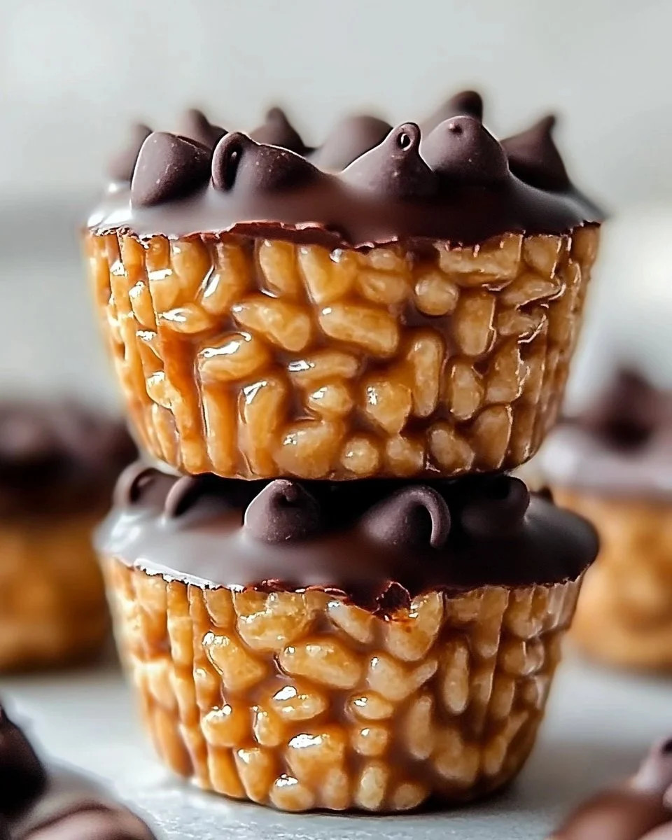 Chocolate peanut butter Rice Krispie cups stacked on a plate.