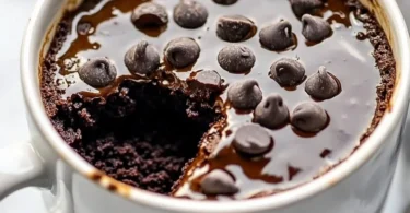 Delicious chocolate protein mug cake topped with chocolate chips in a mug.