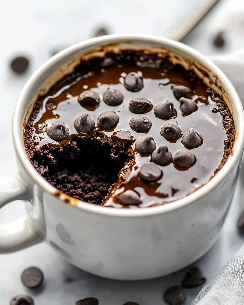 Delicious chocolate protein mug cake topped with chocolate chips in a mug.