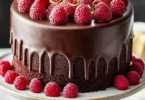Delicious Chocolate Raspberry Birthday Cake topped with fresh raspberries