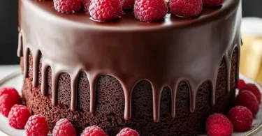 Delicious Chocolate Raspberry Birthday Cake topped with fresh raspberries