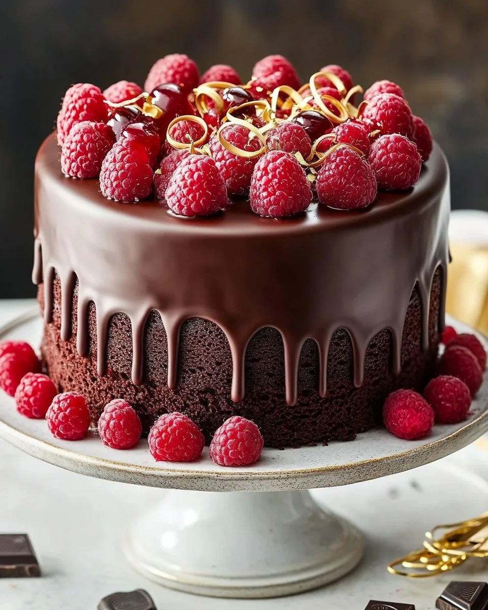 Delicious Chocolate Raspberry Birthday Cake topped with fresh raspberries
