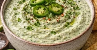 Creamy Cilantro Jalapeño Dip served with tortilla chips on a wooden table