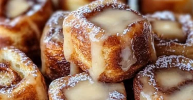 Cinnamon roll french toast bites served on a plate with syrup